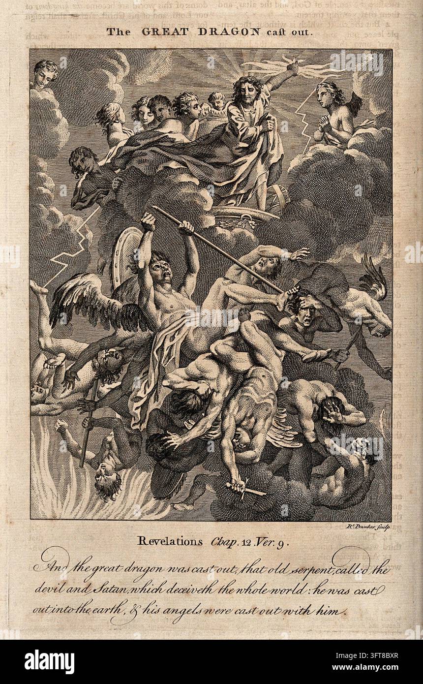 Les anges de Lucifer tombent du ciel, leurs membres entrelacés. Gravure de R. Pranker, 176- Banque D'Images