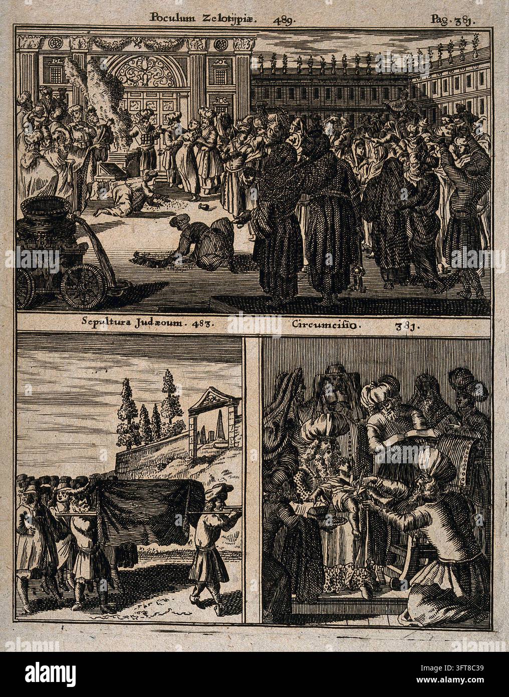 Trois scènes : une femme jugée pour adultère, une inhumation juive et une cérémonie de circoncision. Gravure après une gravure sur bois, 1682 Banque D'Images