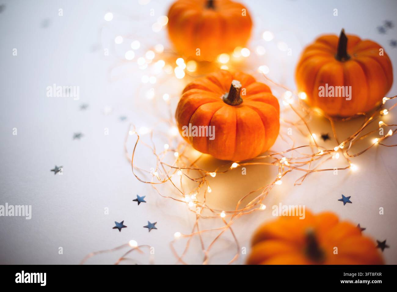 Mini citrouilles lumineuses et guirlandes lumineuses sur fond blanc Banque D'Images
