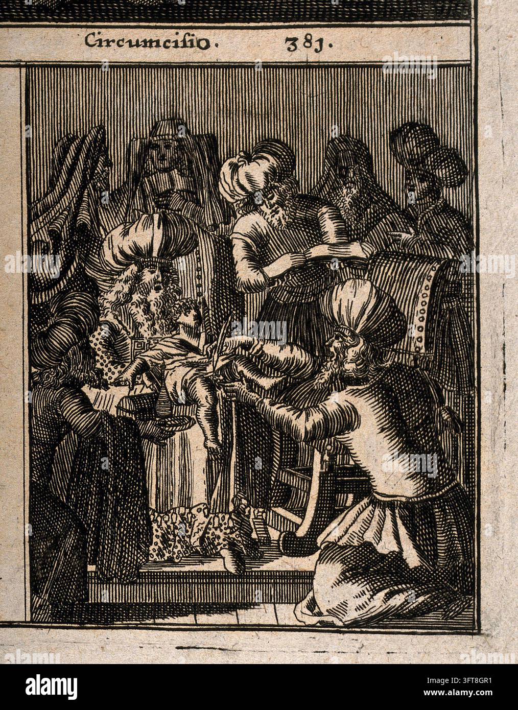 Trois scènes : une femme jugée pour adultère, une inhumation juive et une cérémonie de circoncision. Gravure après une gravure sur bois, 1682 Banque D'Images
