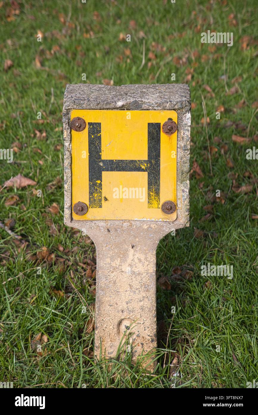 Poteau marqueur d'hydrant de feu en béton jaune en forme de H debout sur une pelouse en automne. Banque D'Images