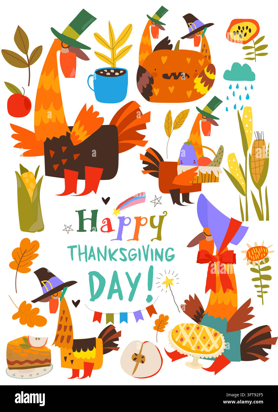 Joli ensemble de Thanksgiving composé de dindes amusantes et de récolte Illustration de Vecteur
