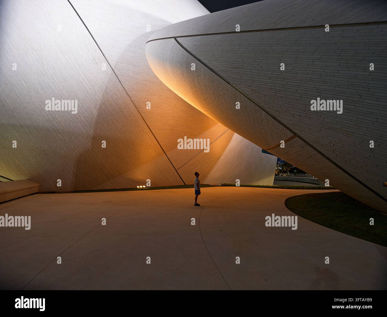 Grand toit blanc en forme de coquille s'incurvant au-dessus d'une pelouse au crépuscule, Centre culturel de la baie de Shenzhen, Chine Banque D'Images