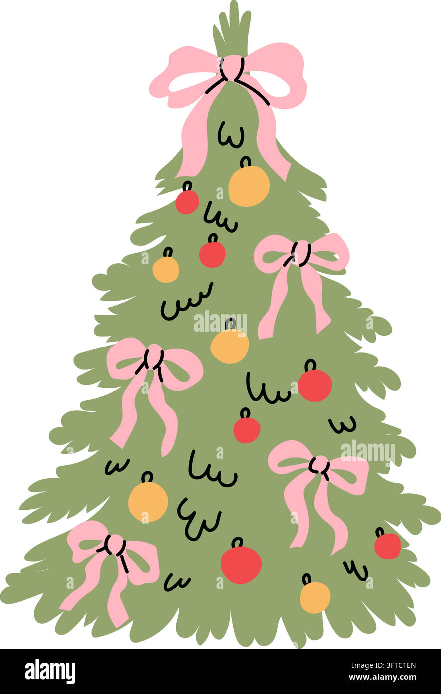Arbre de Noël décoré de nœuds roses et de guirlandes colorées Illustration de Vecteur
