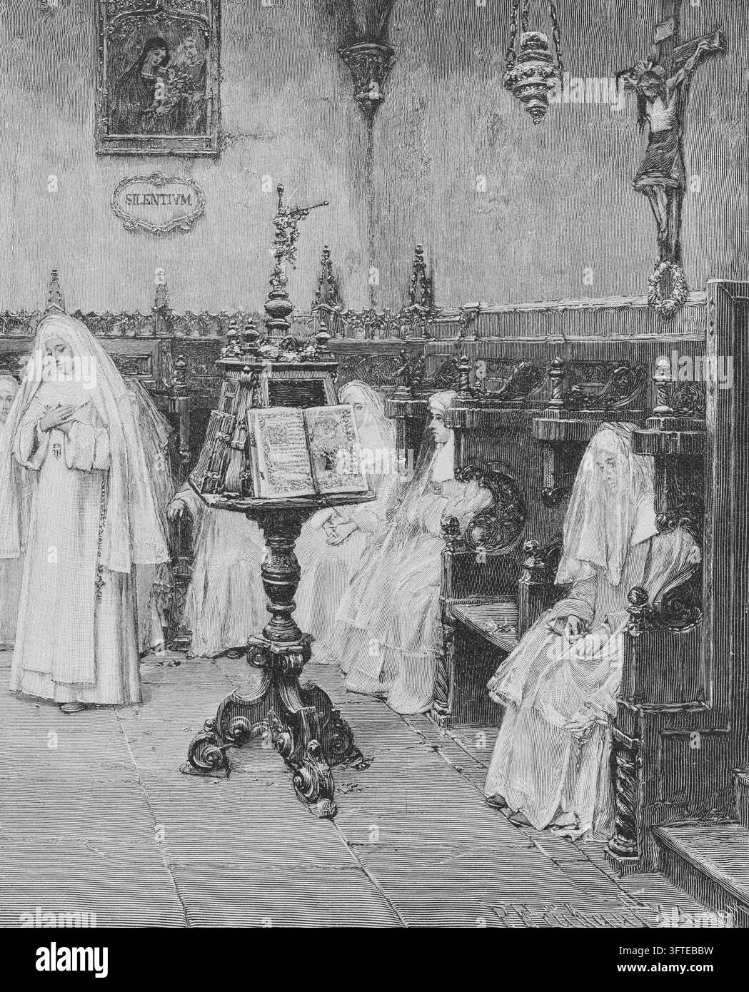 Nones en prière, stalles de chœur avec livre ouvert sur le lutrin, chapelle de couvent, gravure sur bois du XIXe siècle. Banque D'Images