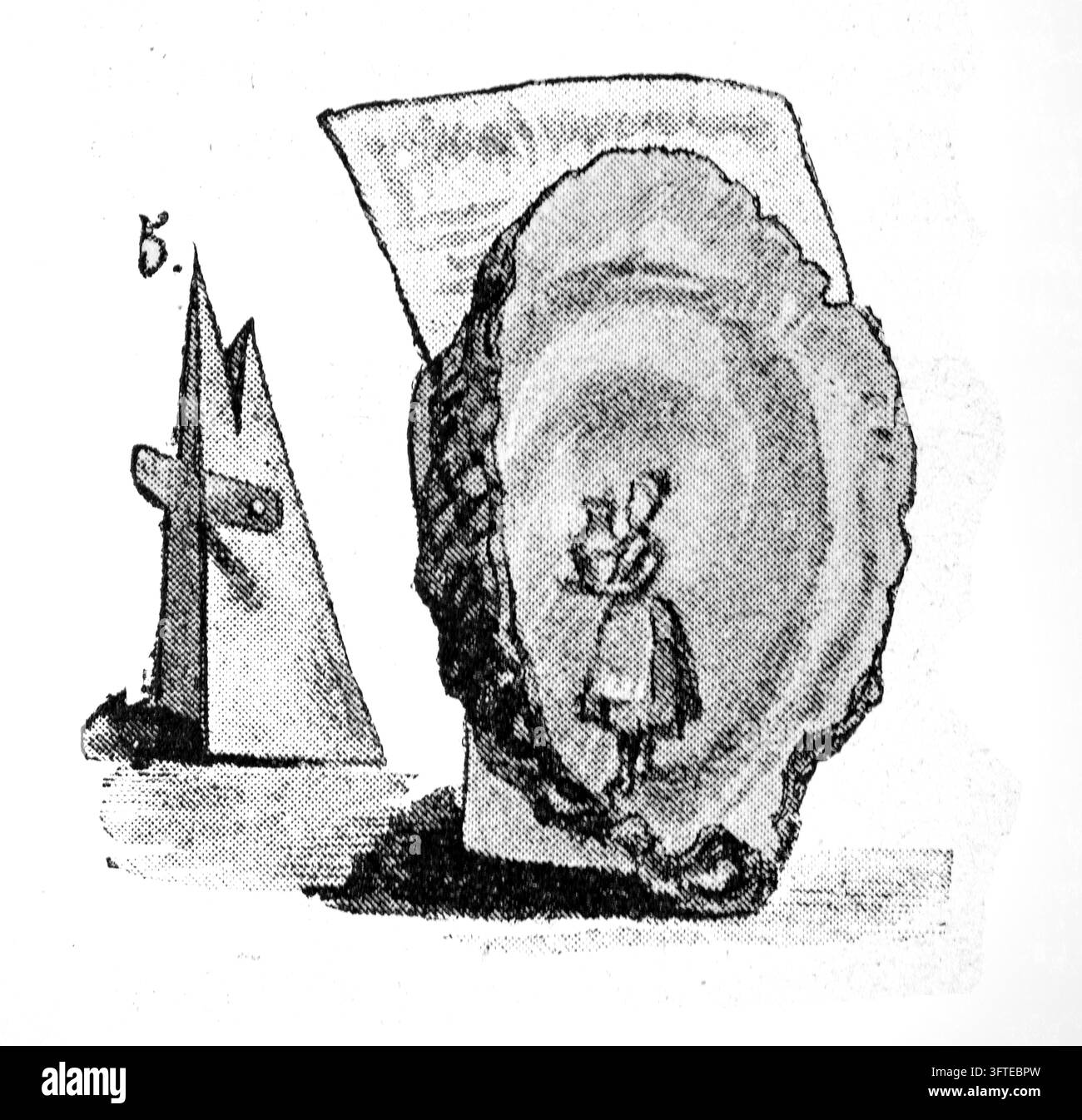 Illusion d'optique avec femme et tronc d'arbre, puzzle visuel, fond blanc, gravure du XIXe siècle. Banque D'Images