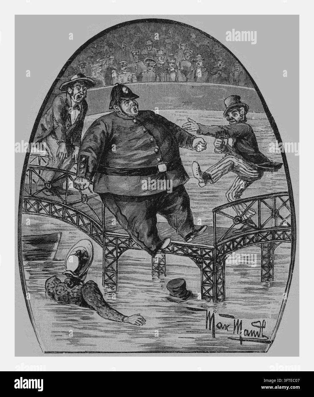 Performance de pantomime avec un policier sur un pont, scène de mise en scène théâtrale, gravure sur bois du XIXe siècle. Banque D'Images