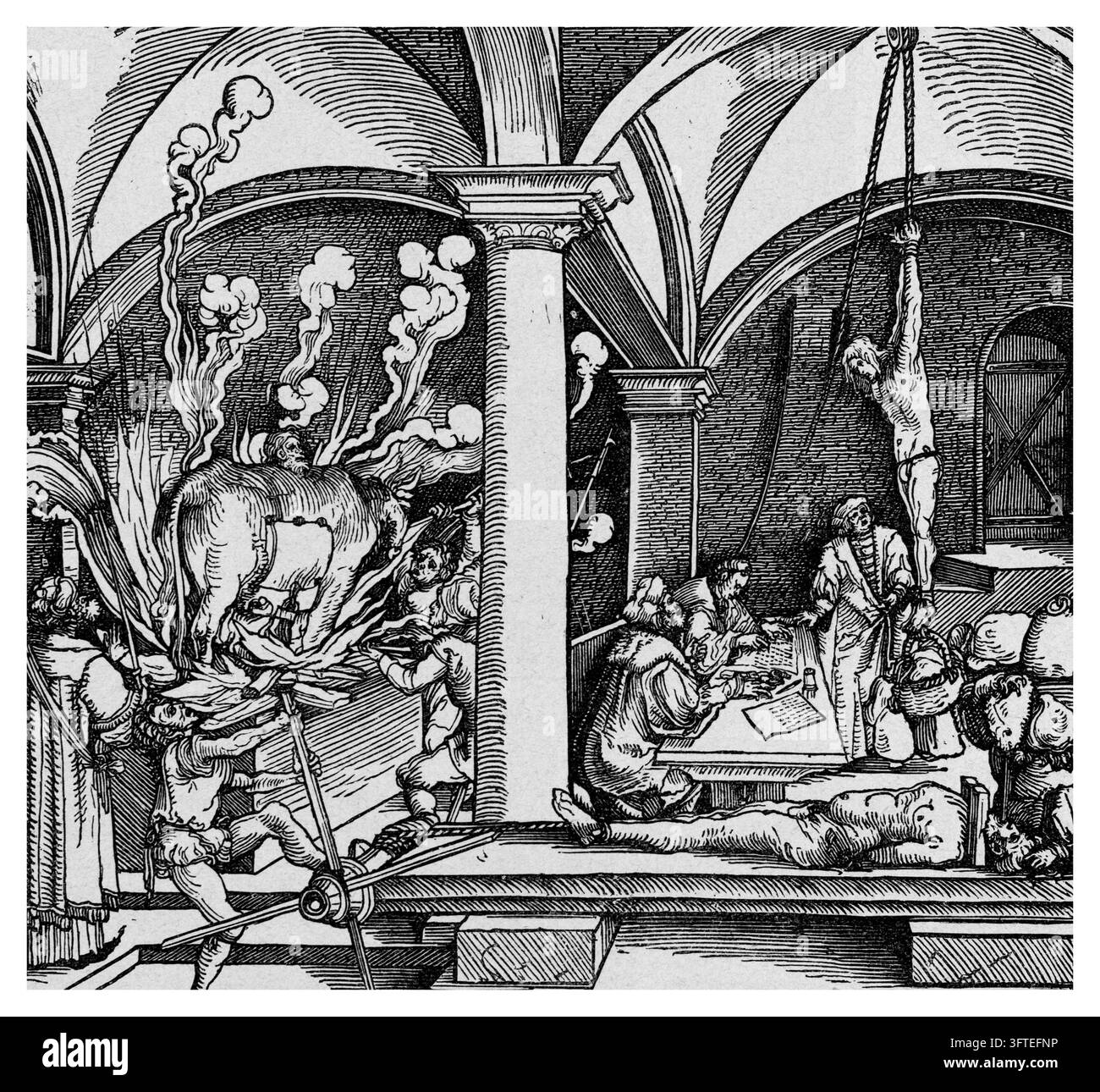 Scènes de chambre de torture représentant le Taureau Effronté, le Strappado et la torture du supplice de l'étirement dans un donjon médiéval, gravure sur bois du XIXe siècle. Banque D'Images