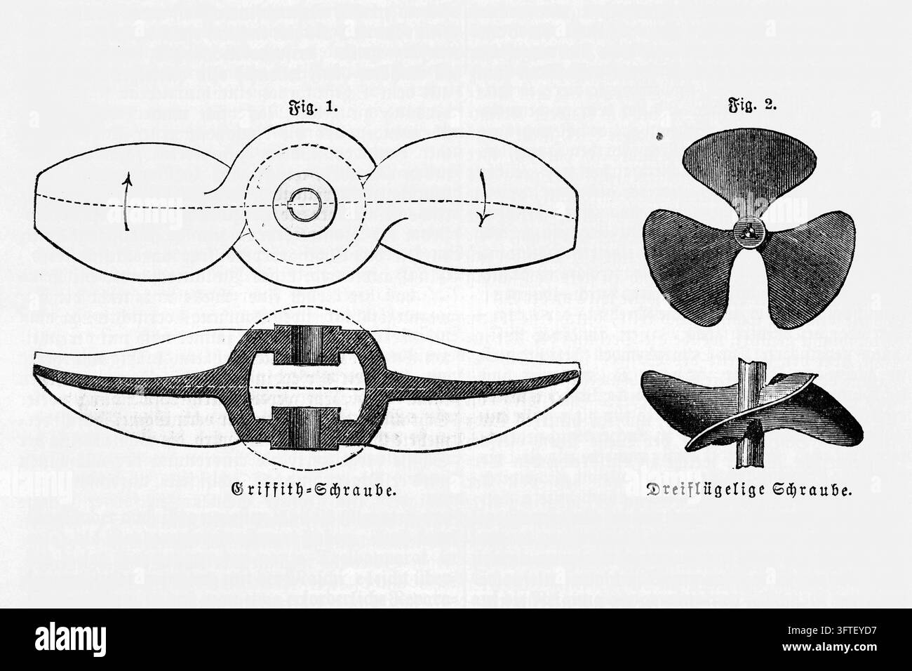 Illustration technique de deux conceptions de propulseurs de navires, incluant le propulseur Griffith et un propulseur à trois pales – Gravure du XIXe siècle. Banque D'Images
