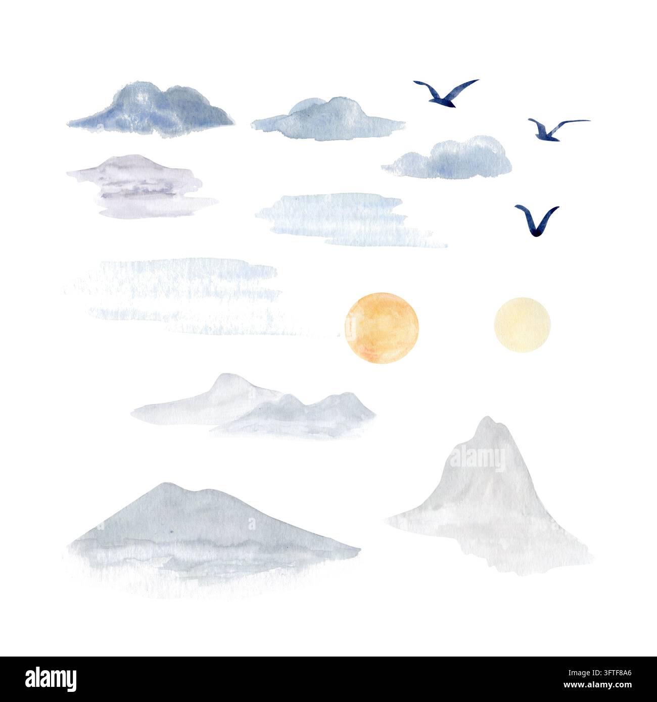 Montagnes, nuages, oiseaux volants et soleils dorés collectionnés dans une technique d'aquarelle peinte à la main pour l'art mural, les affiches, les impressions, les invitations, les cartes Banque D'Images