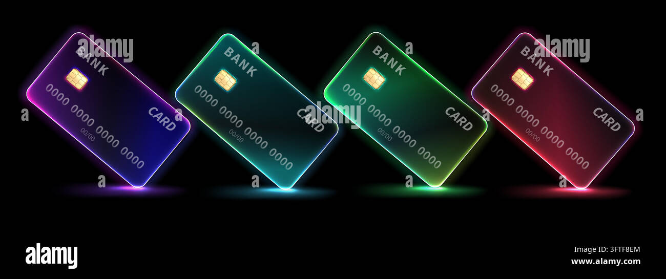 Icônes de carte bancaire en verre avec un design 3D transparent et un effet de lueur néon. Conception de paiement vectorielle dans un style de glassmorphisme dépoli sur fond noir. Formes lumineuses isolées pour un concept financier créatif. Illustration de Vecteur