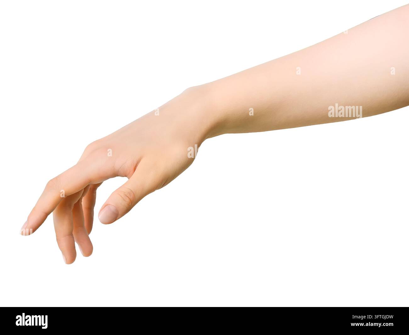 Gros plan d'un avant-bras et d'une main tendus avec une peau lisse sur fond blanc Banque D'Images