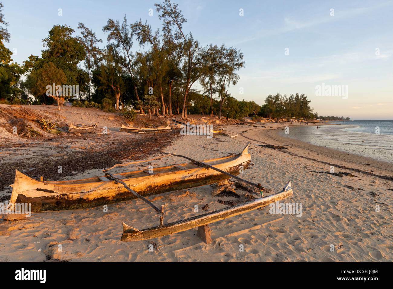 Pirogues traditionnelles en bois à balancier reposant sur la plage au coucher du soleil, Atsimo-Andrefana, Ifaty, Madagascar Banque D'Images