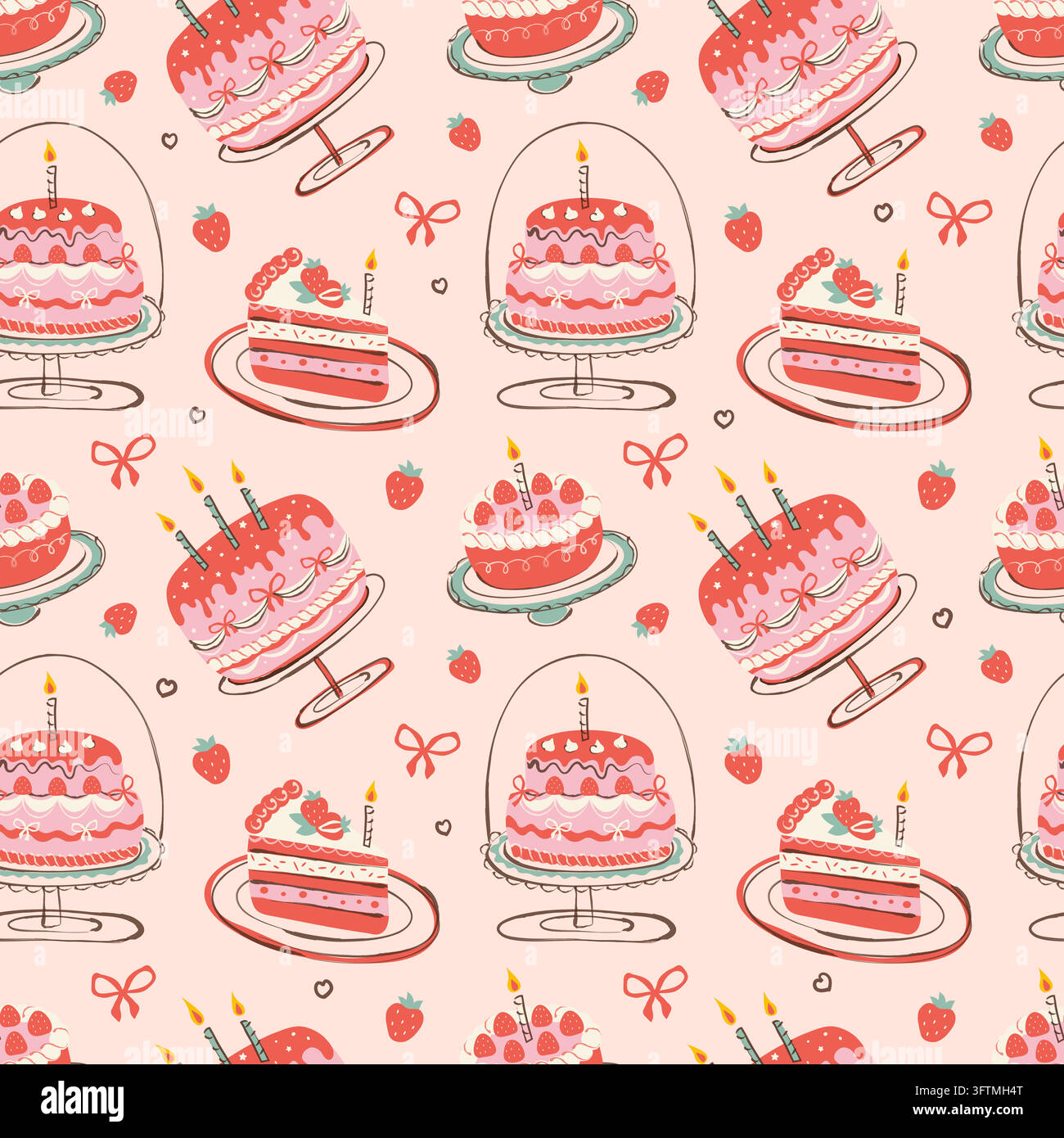 Motif sans couture mettant en scène des gâteaux festifs et des desserts à la fraise dans un style coquette. Un fond mignon avec des gâteaux festifs pour un anniversaire, une fête ou un mariage. Emballage, bannières, textile festif Illustration de Vecteur