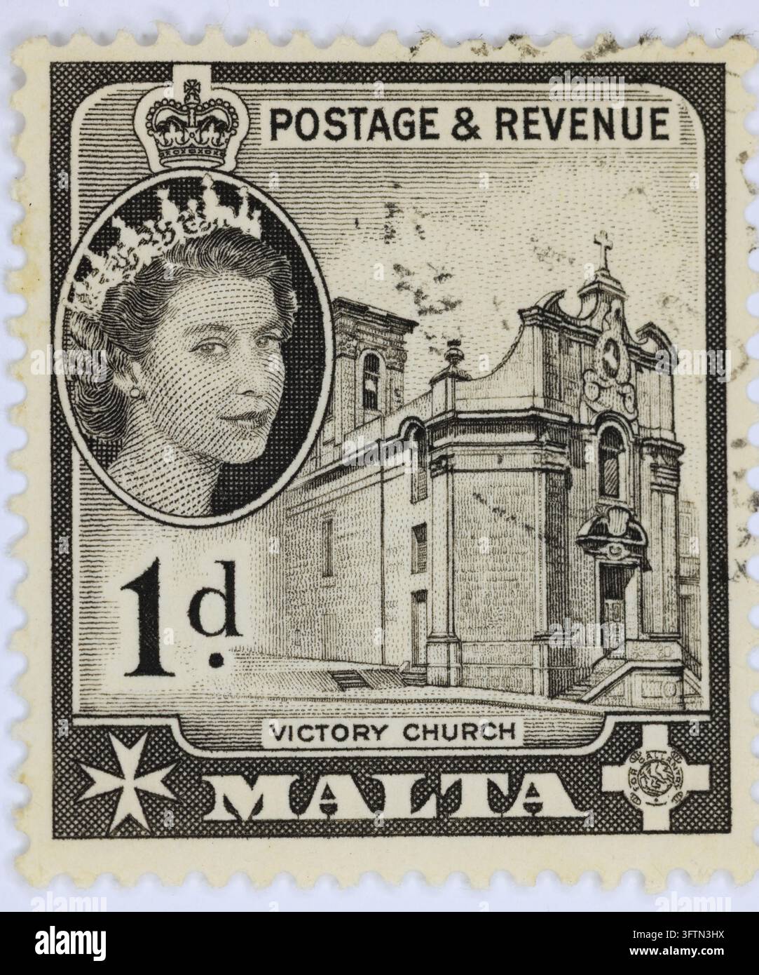 Timbre vintage de 1d de port et de recettes de Malte représentant la reine Élisabeth II et l'église Victory, avec le nom maltais Malte. Banque D'Images