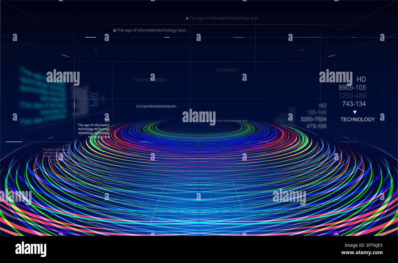 Flux de données coloré lumineux cercles concentriques et fond technologique de l'ère de l'information Banque D'Images