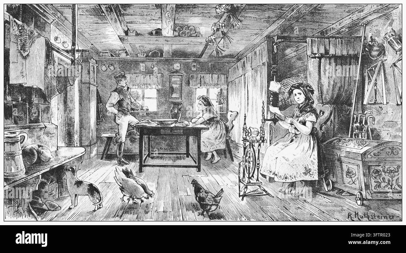 Famille rurale engagée dans les tâches quotidiennes avec des poulets à l'intérieur d'une ferme rustique, gravure du XIXe siècle. Banque D'Images