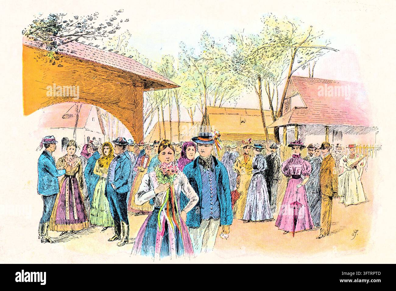 Les Souabes du Torontal en costume traditionnel hungaro-souabe se rassemblent dans une rue de village hongrois – célébrant la Kirchweih avec des tenues festives et. Banque D'Images