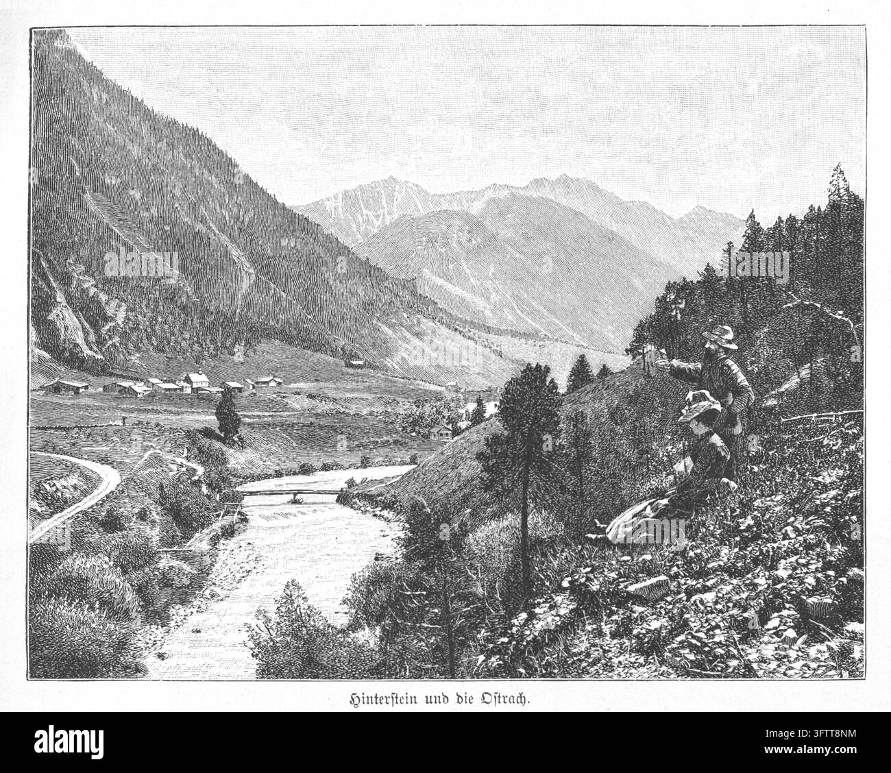 Paysage de la vallée alpine avec des personnages observant le village de Hinterstein et la rivière Ostrach, Alpes bavaroises, gravure du XIXe siècle. Banque D'Images