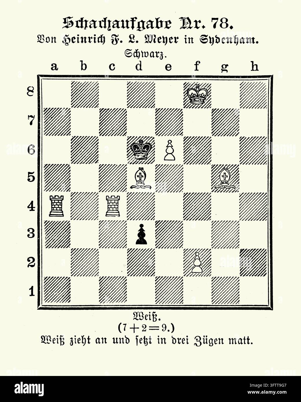 Problème d'échecs, blanc à jouer et mat en trois coups, gravure du XIXe siècle. Banque D'Images