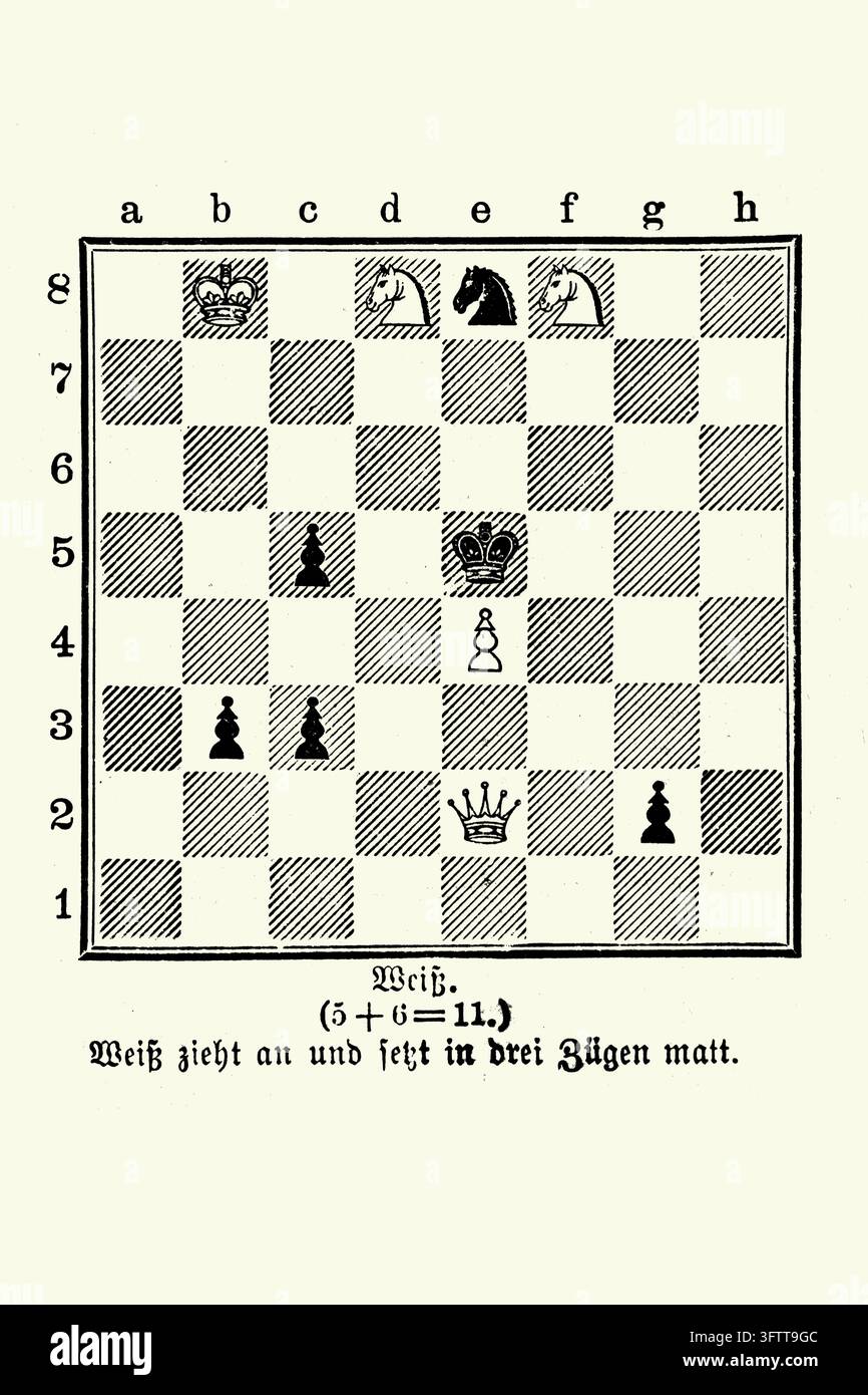 Problème d'échecs, Blanc à jouer et échec et mat en trois coups, plateau de jeu, gravure du XIXe siècle. Banque D'Images