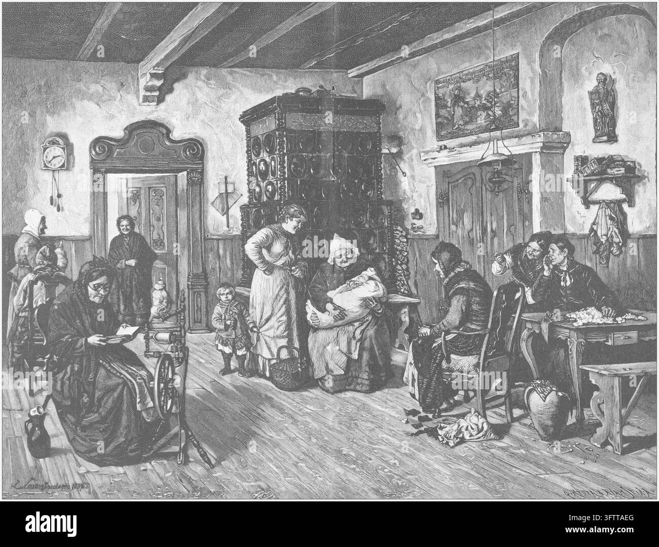 Scène d'intérieur domestique avec une famille engagée dans les tâches quotidiennes, maison rustique, poêle carrelée, gravure sur bois du XIXe siècle. Banque D'Images