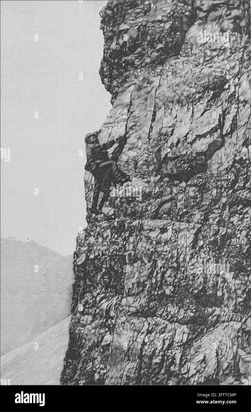 Homme escaladant une paroi rocheuse abrupte, ascendant sur des rebords montagneux, scène alpine périlleuse, gravure sur bois du XIXe siècle. Banque D'Images