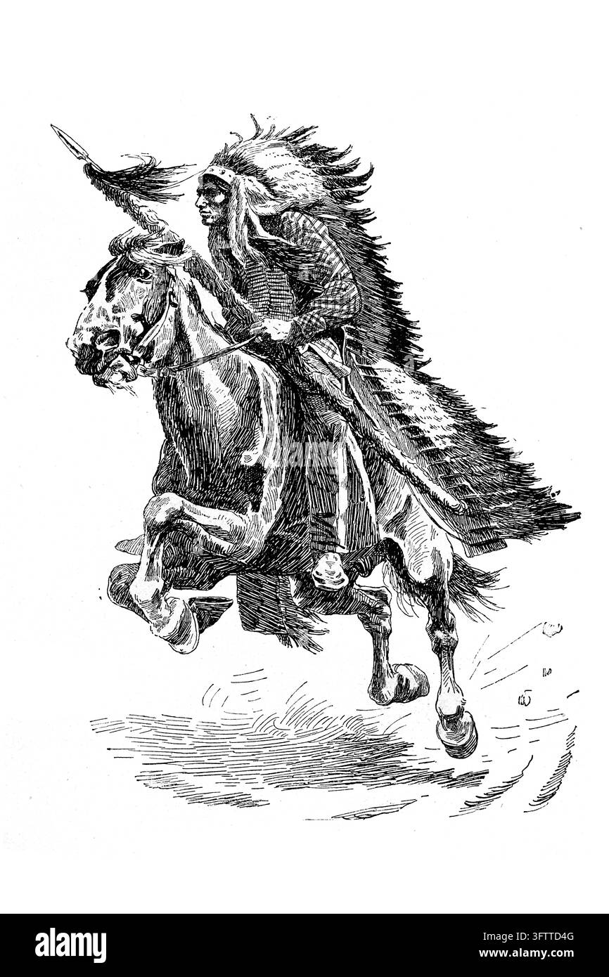 Guerrier amérindien sur un cheval au galop, coiffe pleine de plumes, lance, gravure du XIXe siècle. Banque D'Images