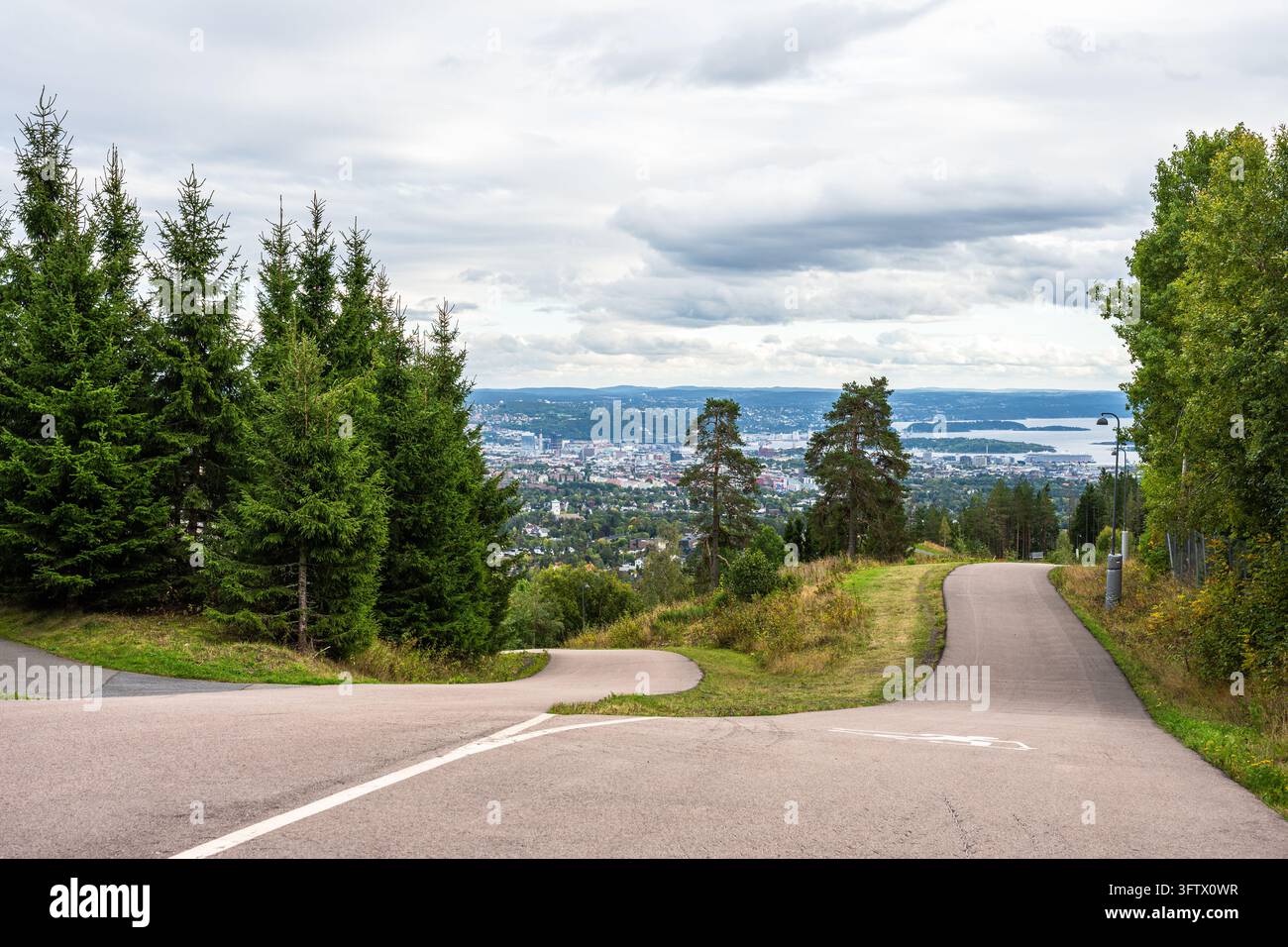 La piste pavée est visible à Holmenkollen, un site d'entraînement pour le ski de fond et le ski à roulettes à Oslo, en Norvège, pendant l'été. Des arbres verts bordent Banque D'Images