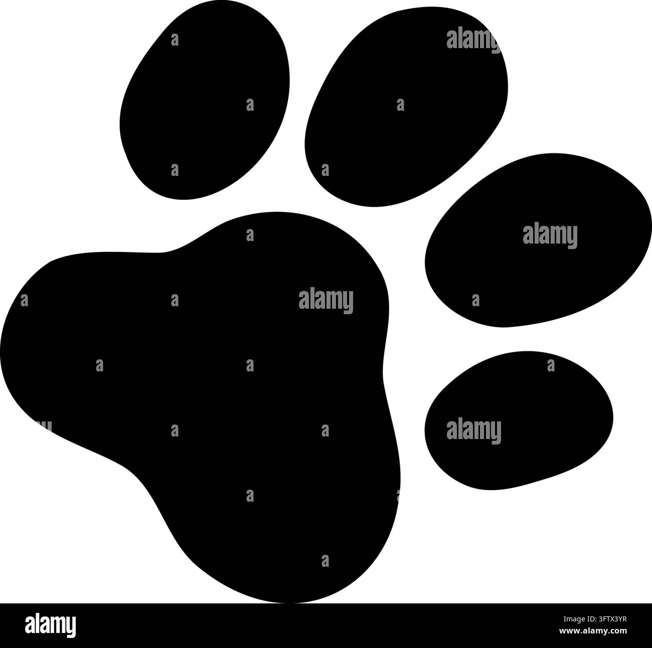 Silhouette d'empreinte de patte noire sur fond blanc avec quatre coussinets et un grand coussinet central, idéale pour chien, chat, vétérinaire, toilettage, refuge et soins aux animaux Illustration de Vecteur