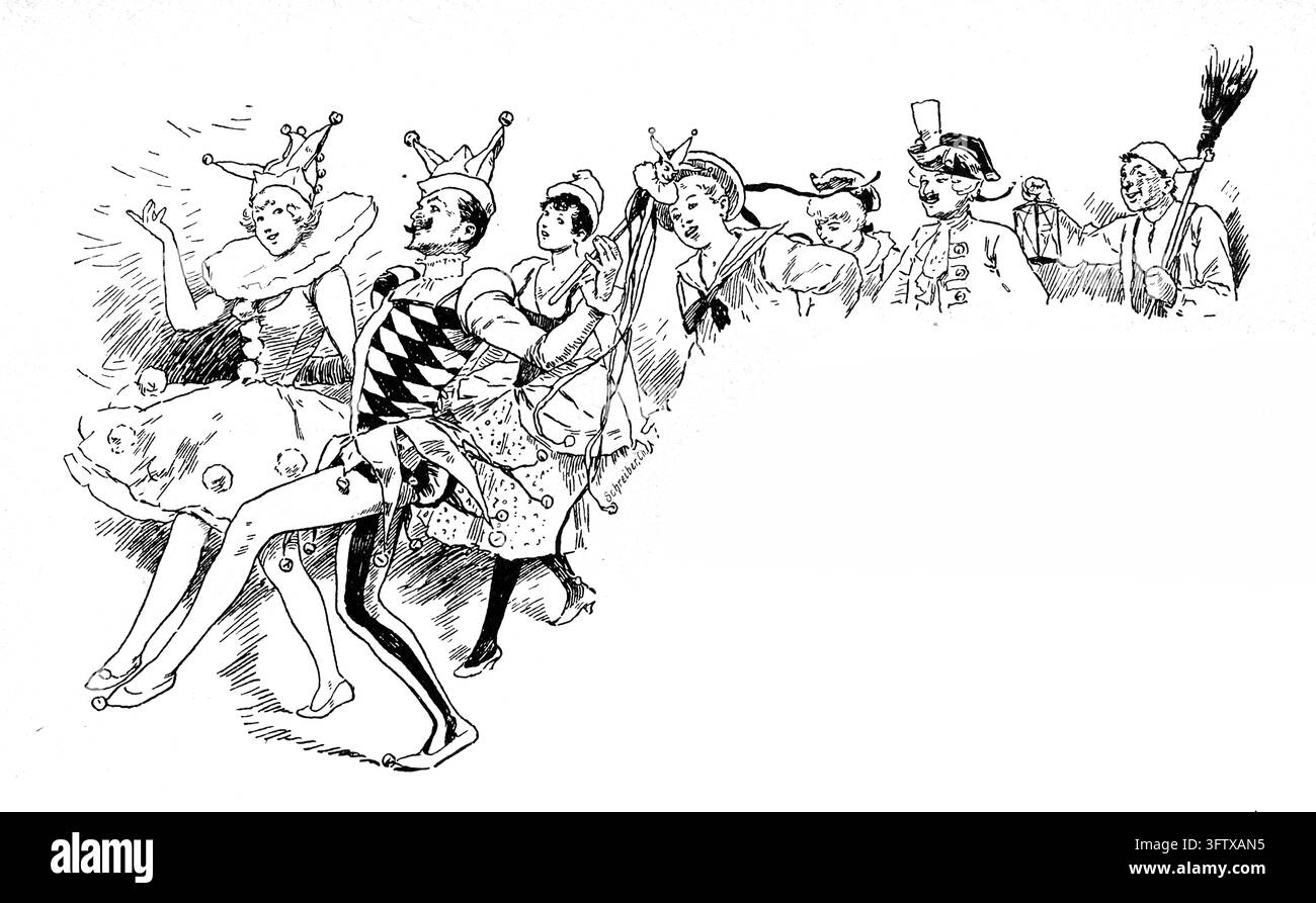 Procession festive de bouffons et musiciens en costumes d'époque, fond blanc, illustration du XIXe siècle Banque D'Images