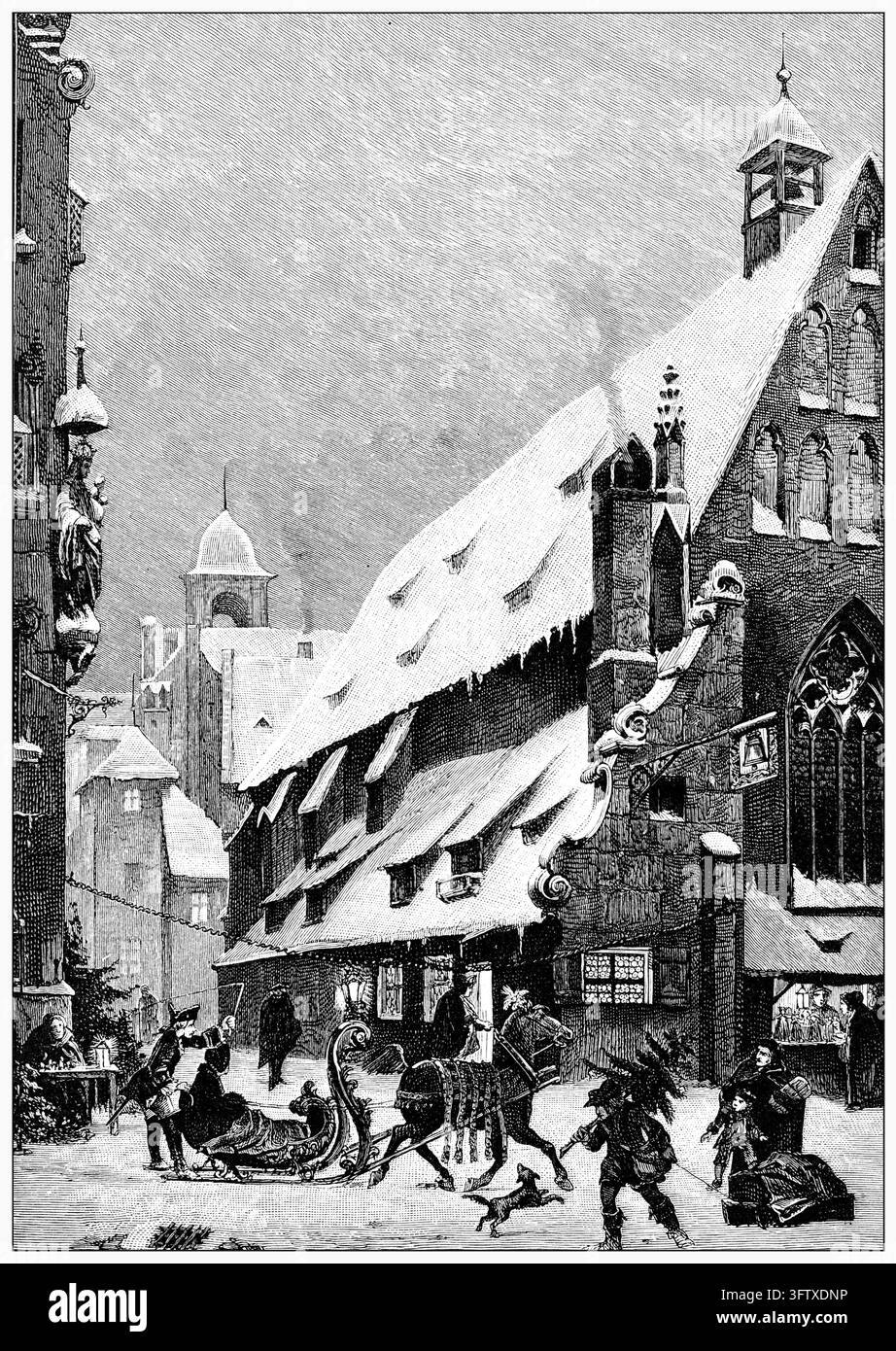Chapelle Moritz, scène de rue enneigée avec traîneau tiré par des chevaux, ville européenne, gravure du XIXe siècle. Banque D'Images