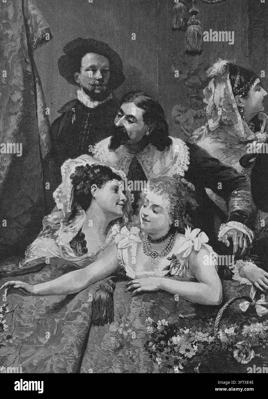 Personnes sur un balcon romain, socialisant en costumes d'époque, intérieur orné, gravure du XIXe siècle. Banque D'Images