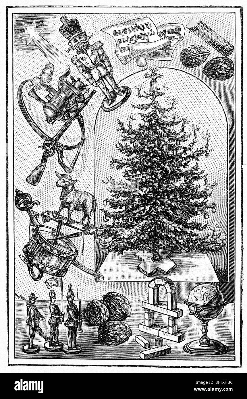 Arbre de Noël entouré de jouets et d'éléments festifs, scène d'intérieur domestique, gravure sur bois du XIXe siècle. Banque D'Images