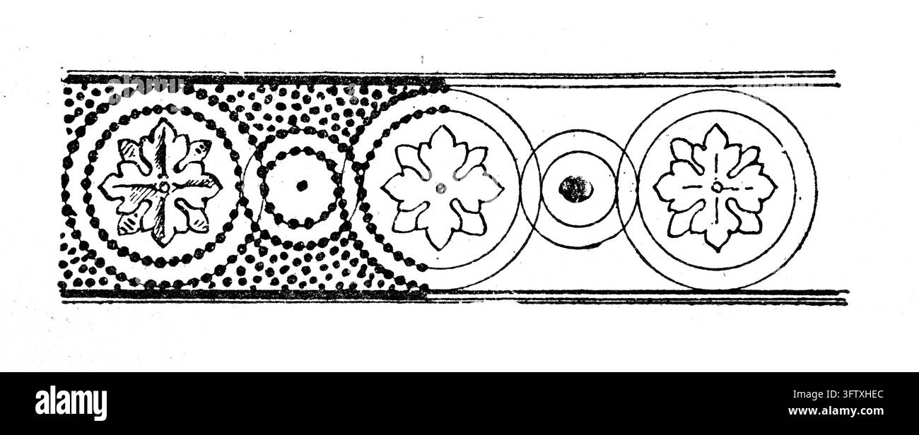 Bordure décorative avec des motifs floraux stylisés et des cercles perlés, fond blanc, gravure du XIXe siècle. Banque D'Images