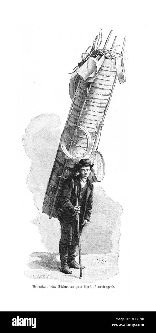 Vendeur de tamis portant une pile de tamis à vendre, fond blanc, gravure sur bois du XIXe siècle. Banque D'Images
