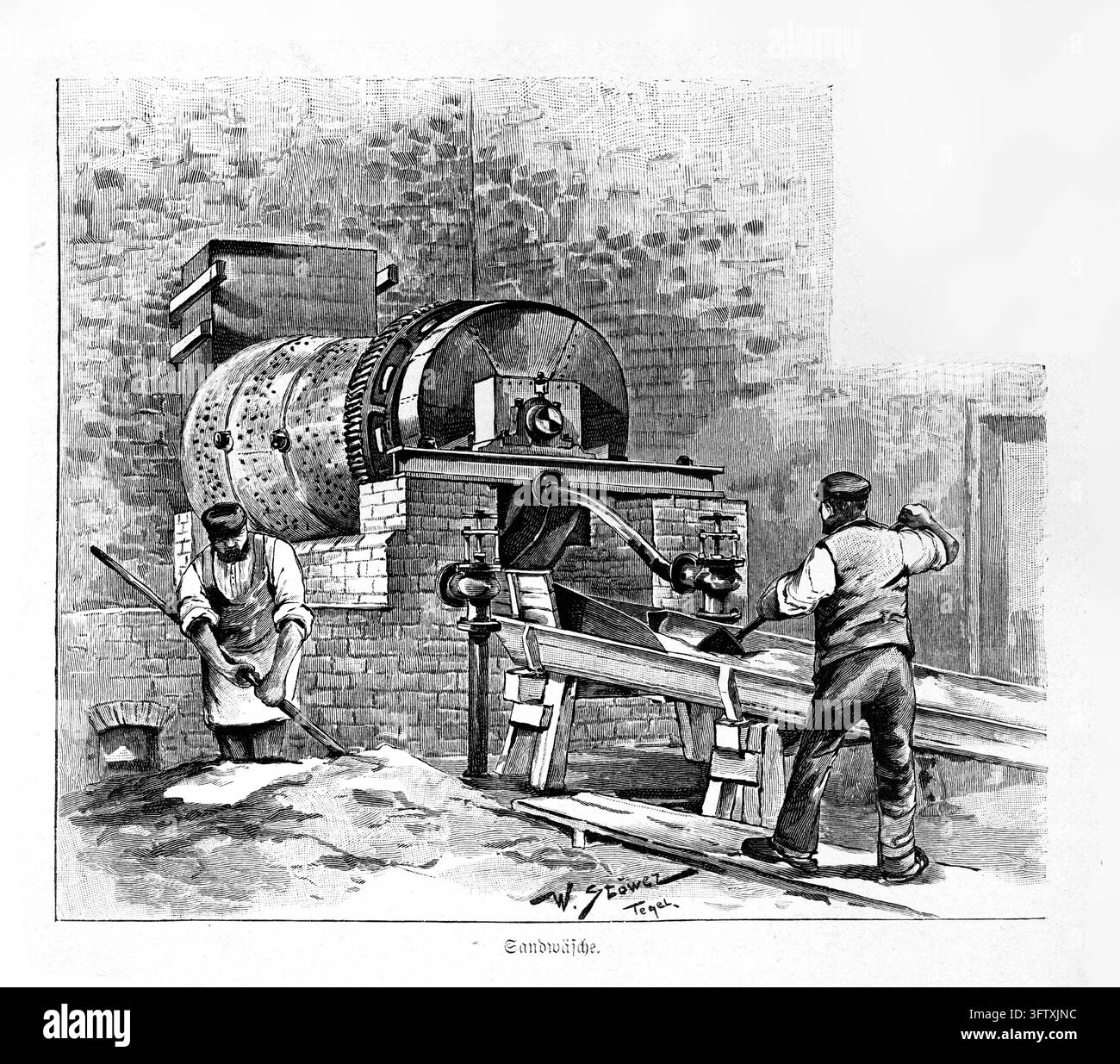 Machine à laver le sable, ouvriers opérant un processus industriel, intérieur d'usine, gravure du XIXe siècle. Banque D'Images