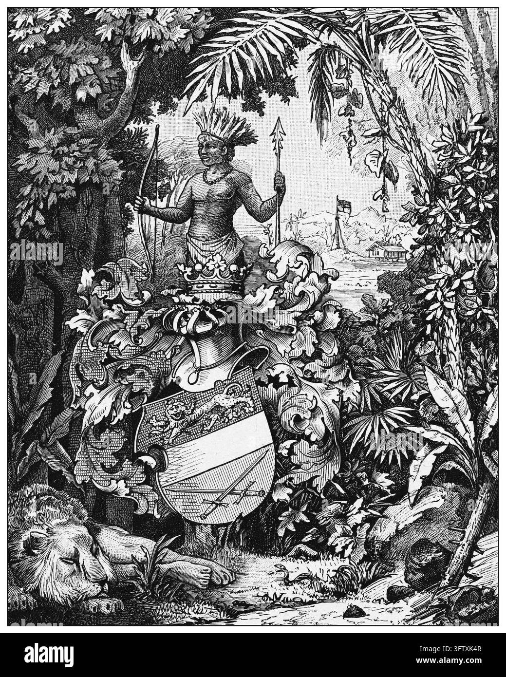 Armoiries Wissmann, Scène allégorique avec un guerrier indigène, lion, paysage tropical, gravure du XIXe siècle. Banque D'Images