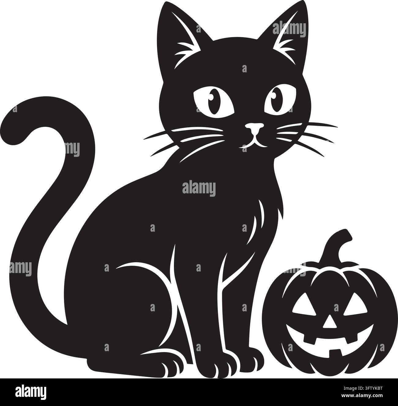 Chat noir assis à côté d'une citrouille d'Halloween sculptée isolée sur fond transparent Illustration de Vecteur