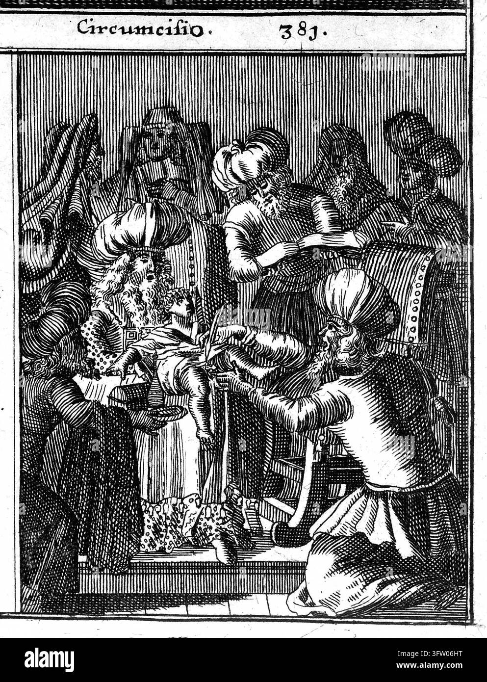 Trois scènes : une femme jugée pour adultère, une inhumation juive et une cérémonie de circoncision. Gravure après une gravure sur bois, 1682 Banque D'Images
