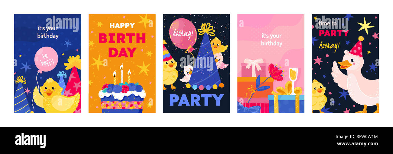Éléments de joyeux anniversaire. Carte de fête, chapeau et gâteau avec des personnages de félicitations mignons, décoration de poster surprise, modèles d'invitation mignons. Conception vectorielle de style cartoon plat, ensemble d'illustrations isolées Illustration de Vecteur