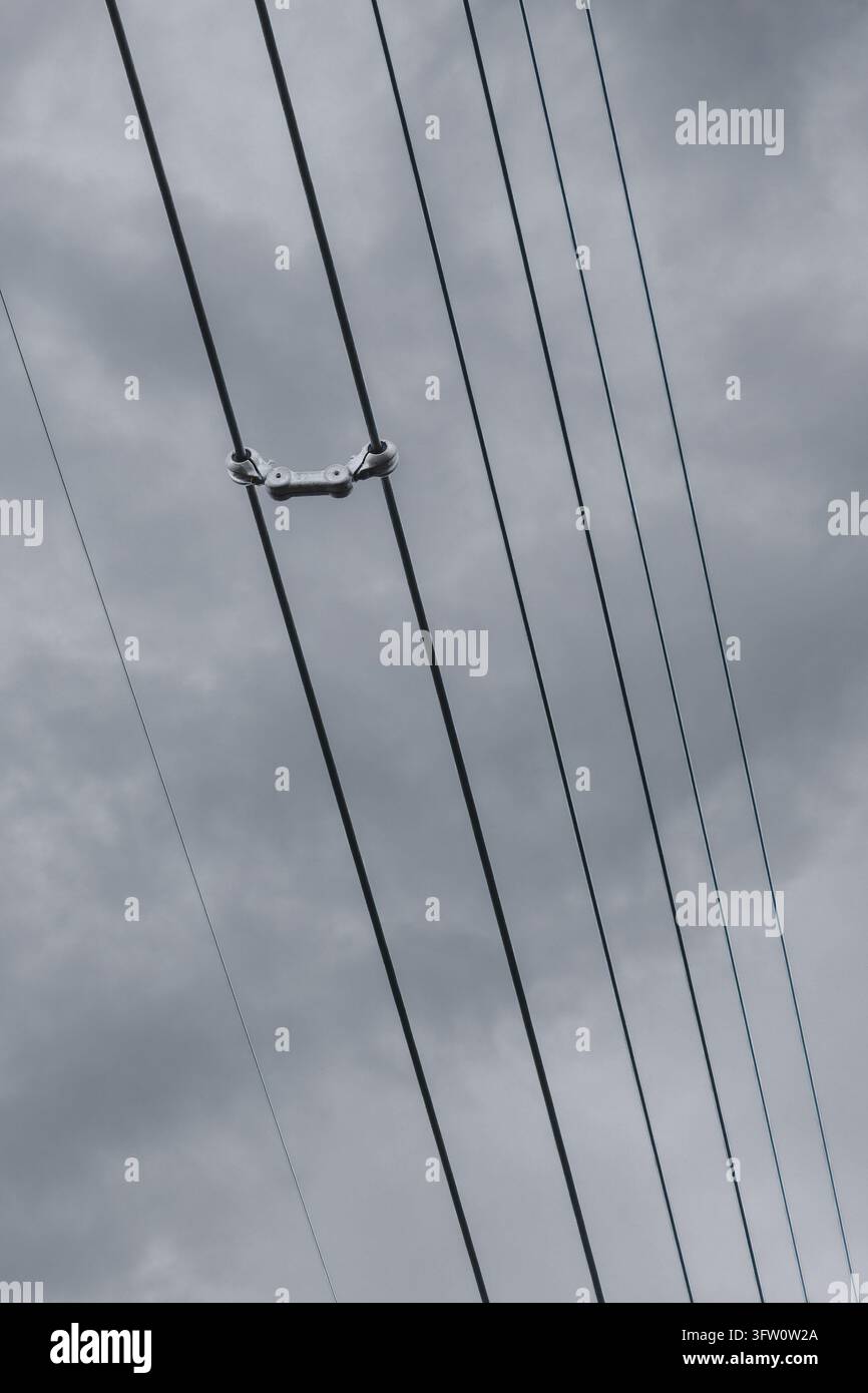 L'espaceur métallique à double faisceau sépare deux câbles d'alimentation parallèles, empêchant le contact et amortissant les oscillations. Plusieurs lignes convergent contre Banque D'Images