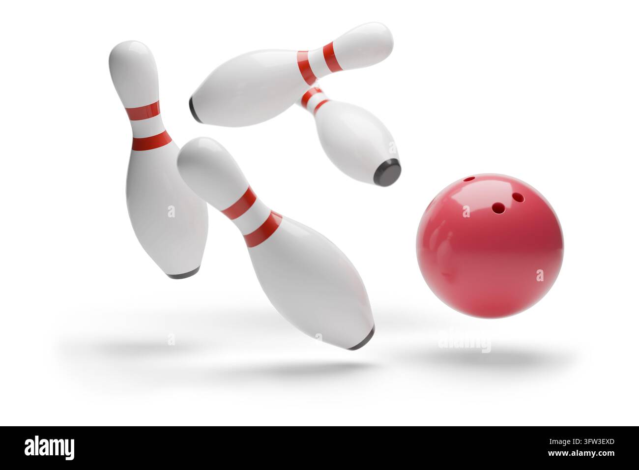 Boule de bowling faisant un strike isolée sur fond blanc. Illustration 3D. Banque D'Images