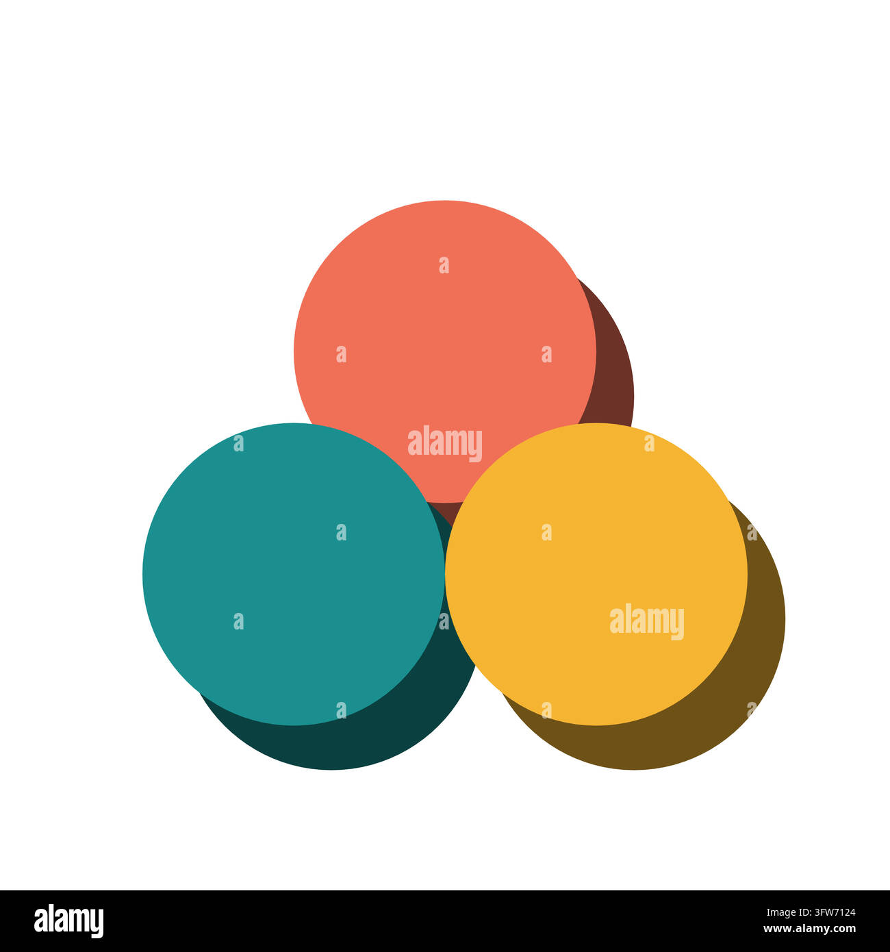 Trio de disques extrudés en 3D de couleur corail, bleu-vert et moutarde, composition abstraite colorée de cercles sur fond blanc. Illustration de Vecteur