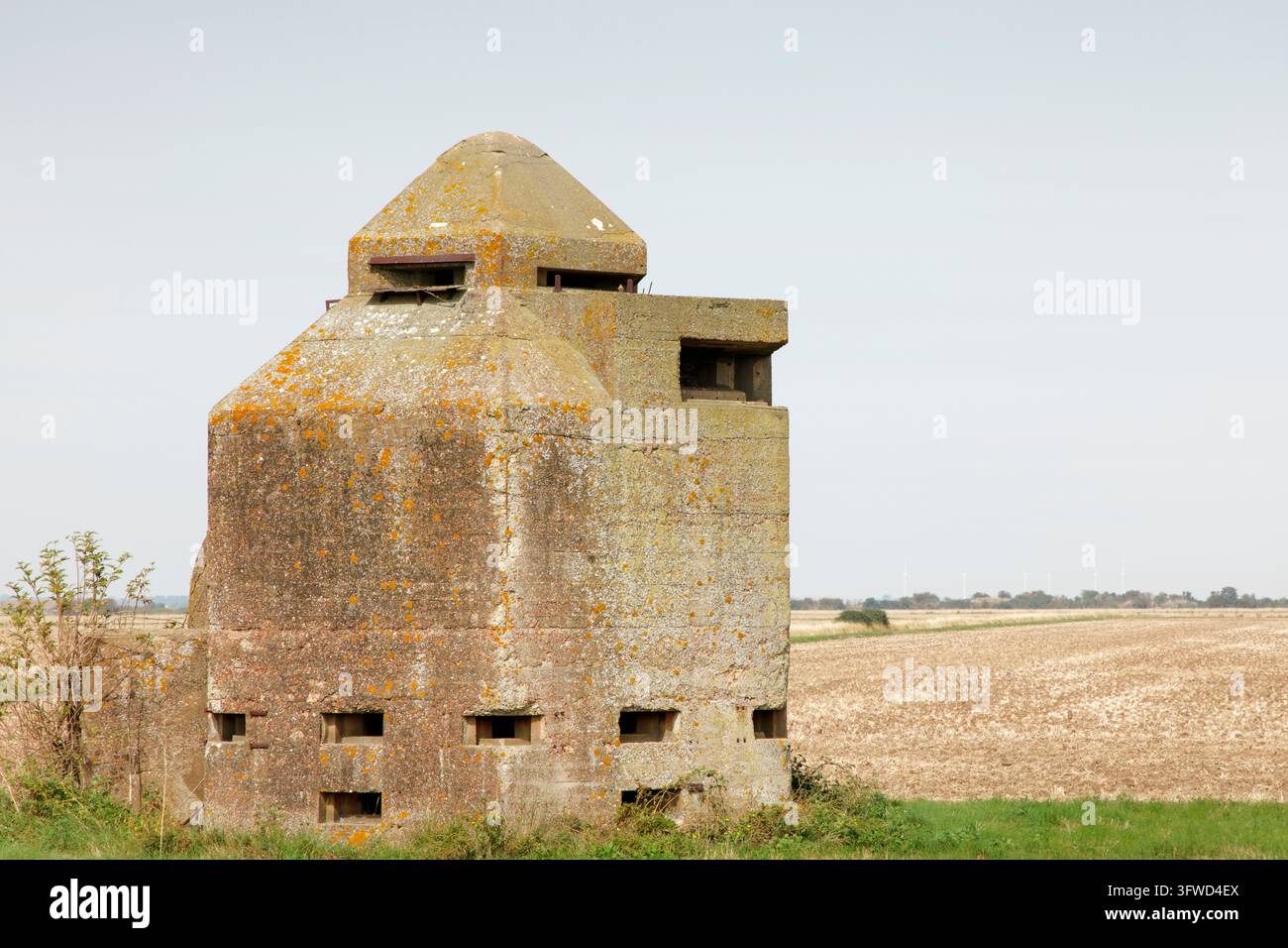 Un blockhaus en béton abandonné de la Seconde Guerre mondiale se dresse dans un champ rural ouvert, érodé et recouvert de lichen et de mousse, évoquant l'histoire, la solitude et le militaire Banque D'Images