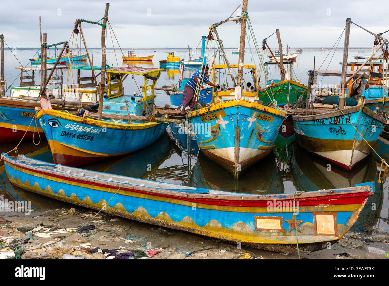 Bateaux de pêche en bois colorés amarrés sur une rive polluée, Province du Nord, Jaffna, Sri Lanka Banque D'Images