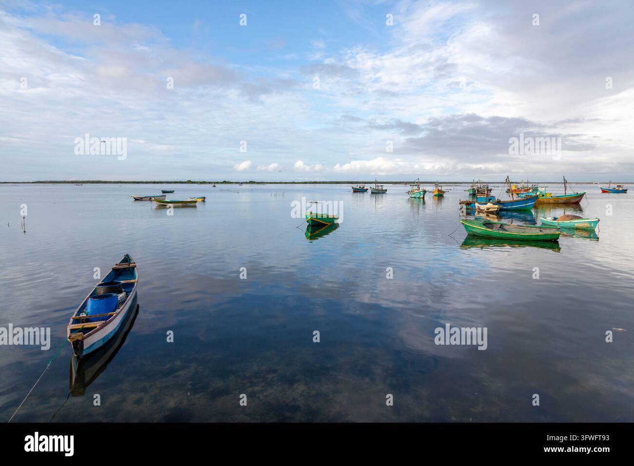 Petits bateaux de pêche flottant sur une lagune calme sous un ciel nuageux, Province du Nord, Jaffna, Sri Lanka Banque D'Images