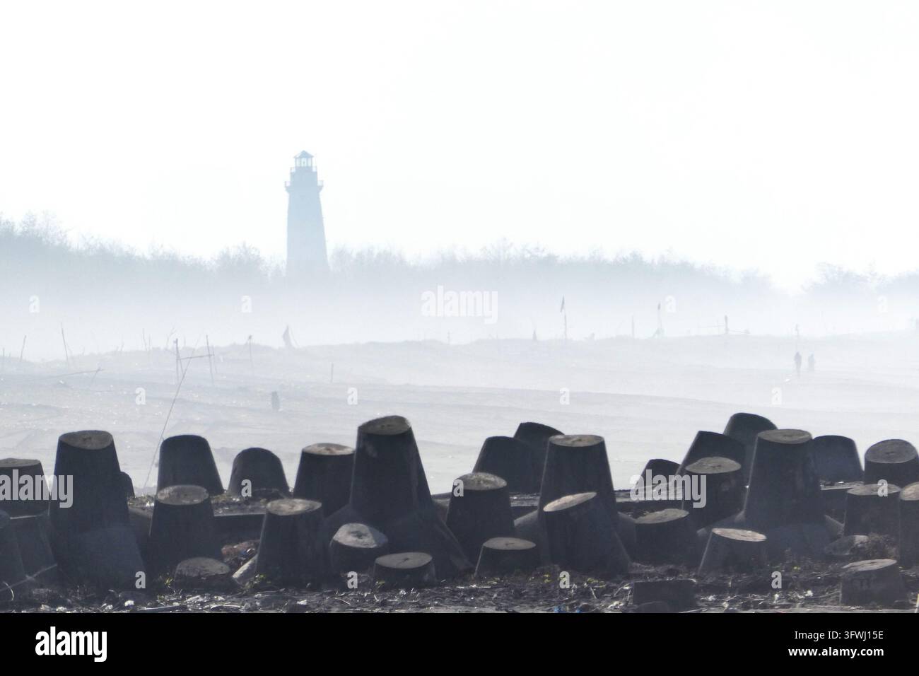 Brise-lames en béton en forme de tétrapode sur une côte brumeuse avec un phare visible à l'horizon brumeux au loin Banque D'Images