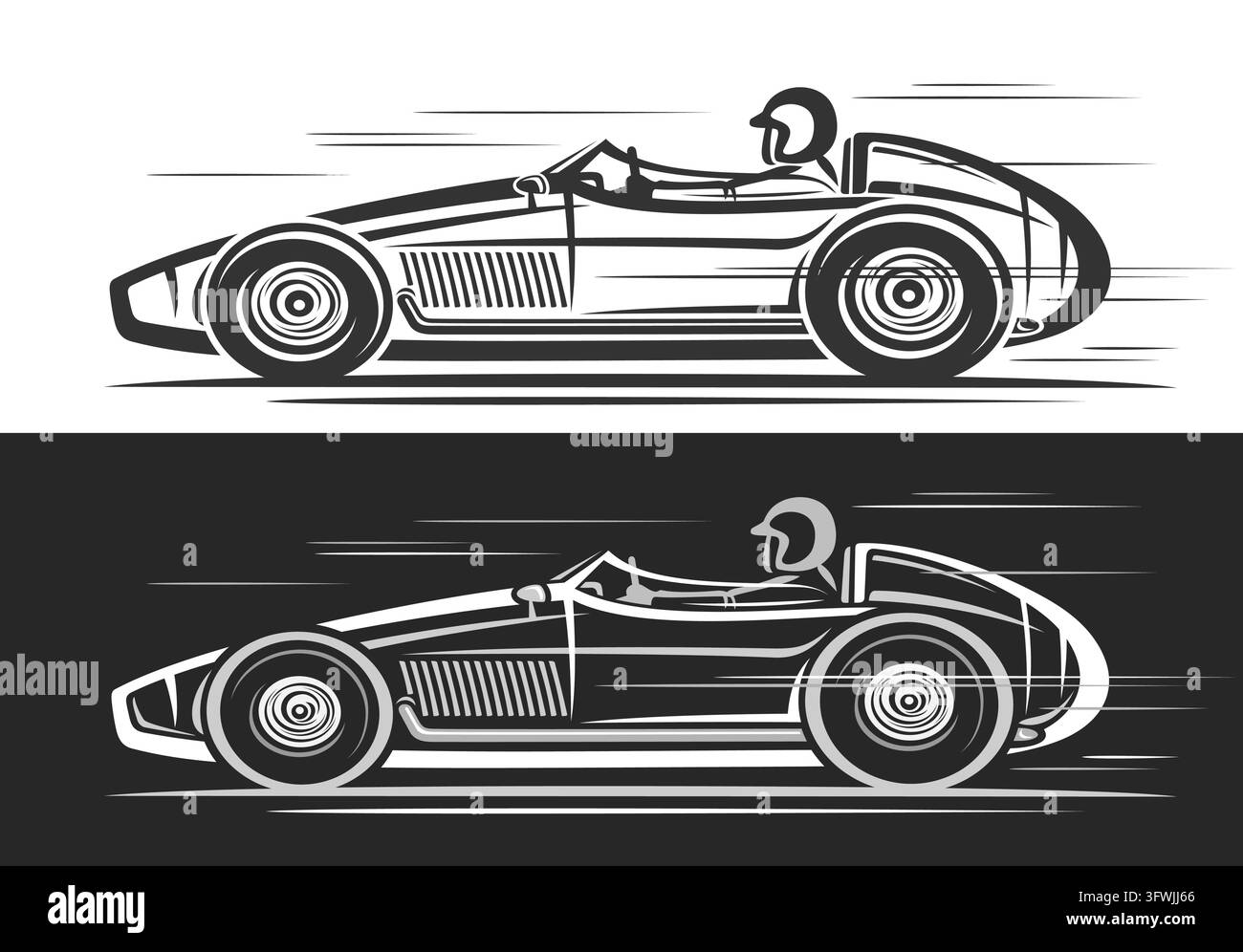Logo vectoriel pour vieille voiture de course, bannière automobile monochrome avec illustration dessinée à la main d'une voiture de course conceptuelle en mouvement, clipart artistique de course Illustration de Vecteur