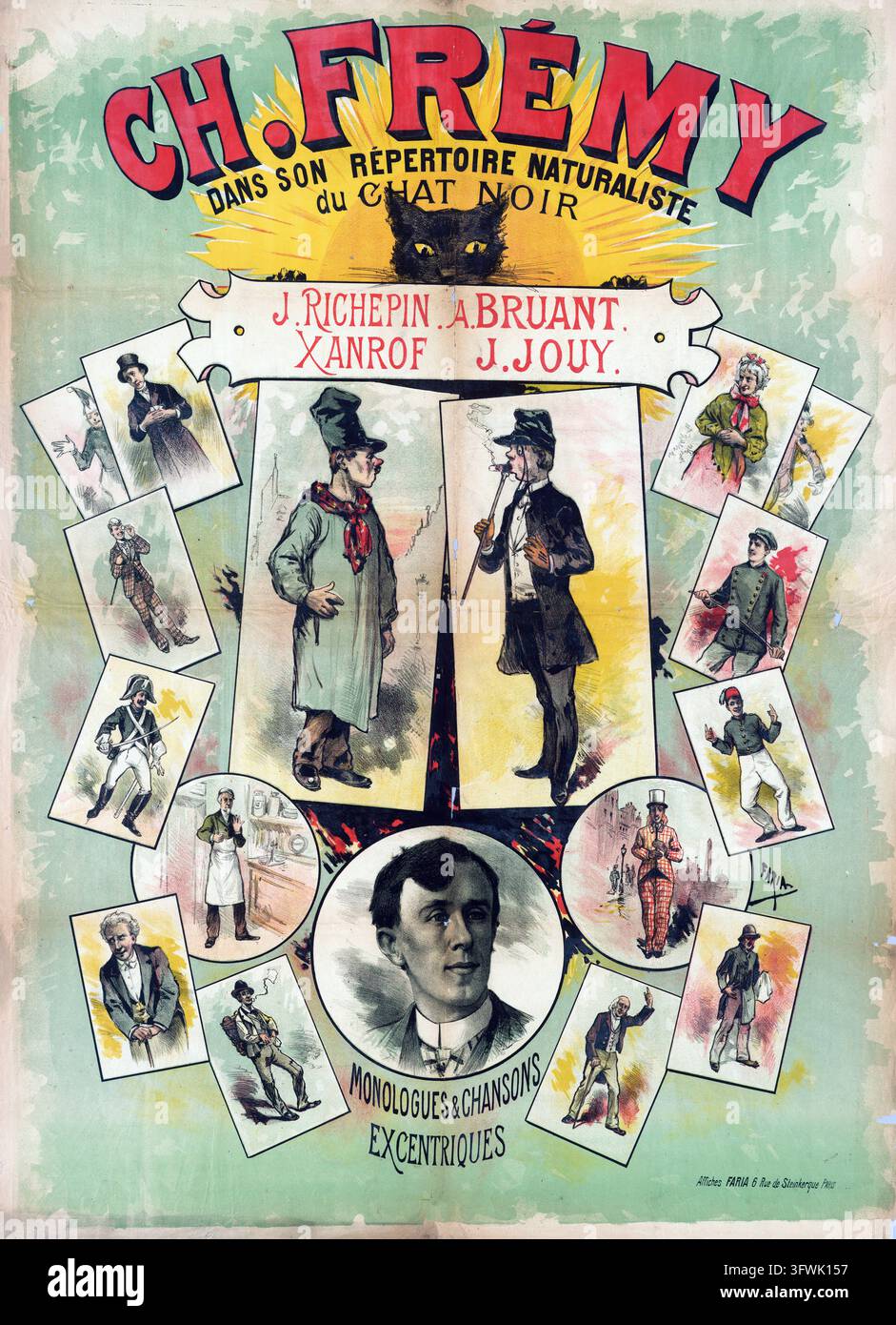 Cette affiche publicitaire française d'environ 1895 par Faria promeut les représentations de Ch. Frémy, mettant en vedette son répertoire naturaliste de Le Chat Noir. Le poème Banque D'Images